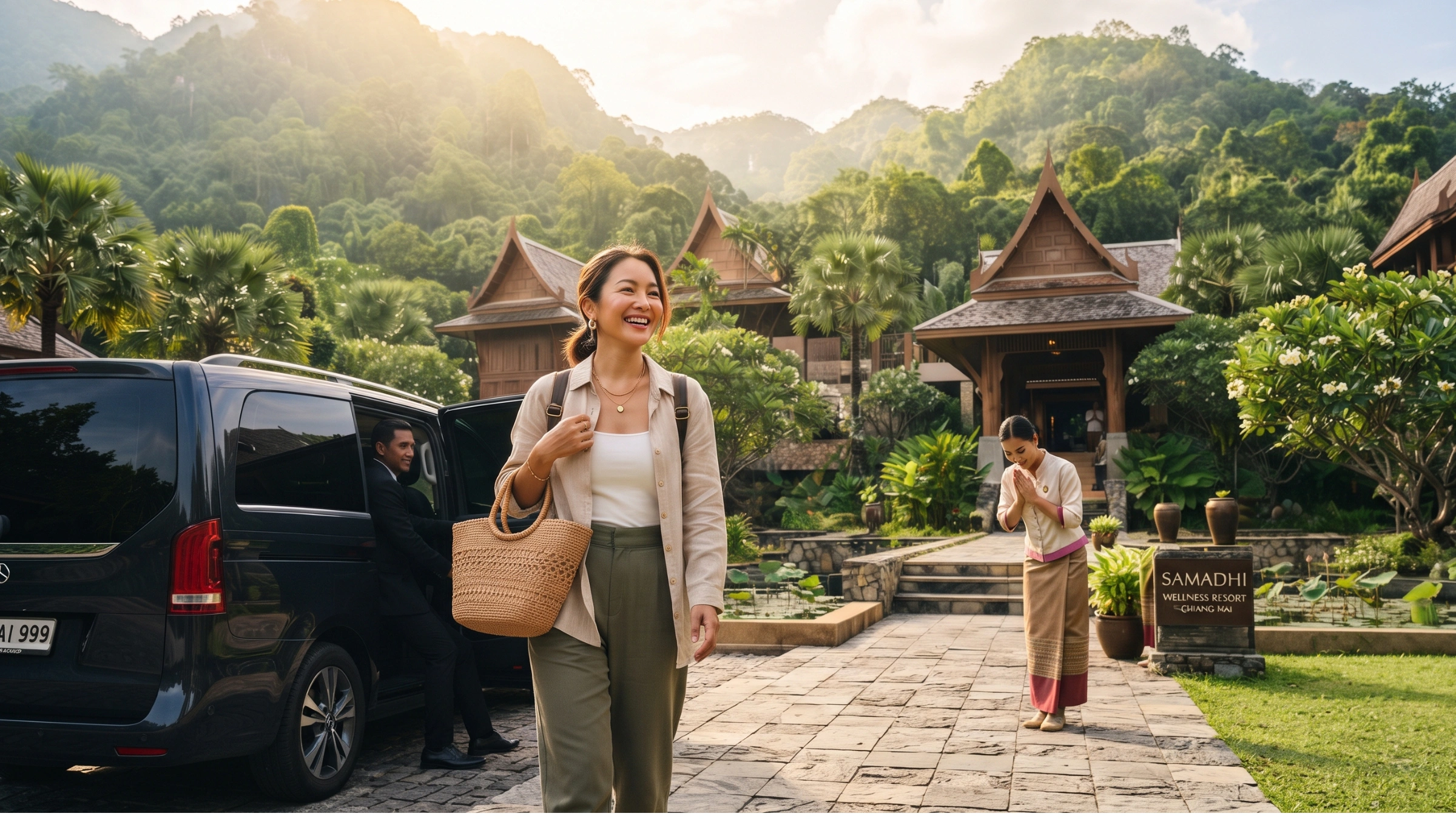 นักเดินทางชาวเอเชียเข้าสู่ Wellness Resort ในประเทศไทย